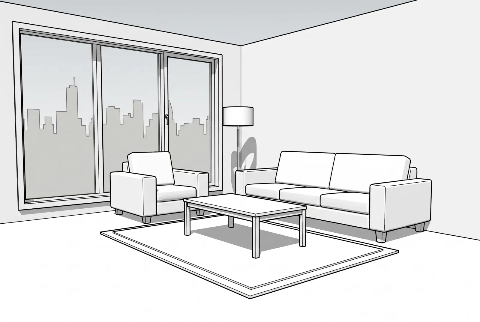 Untextured SketchUp model of a living room