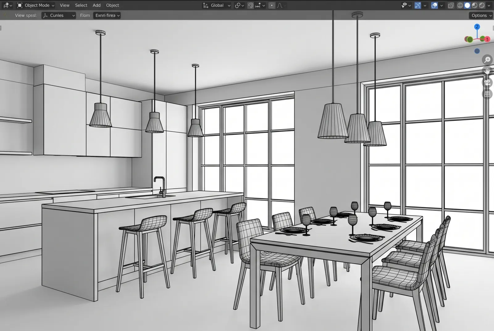 White clay model of a kitchen and dining area