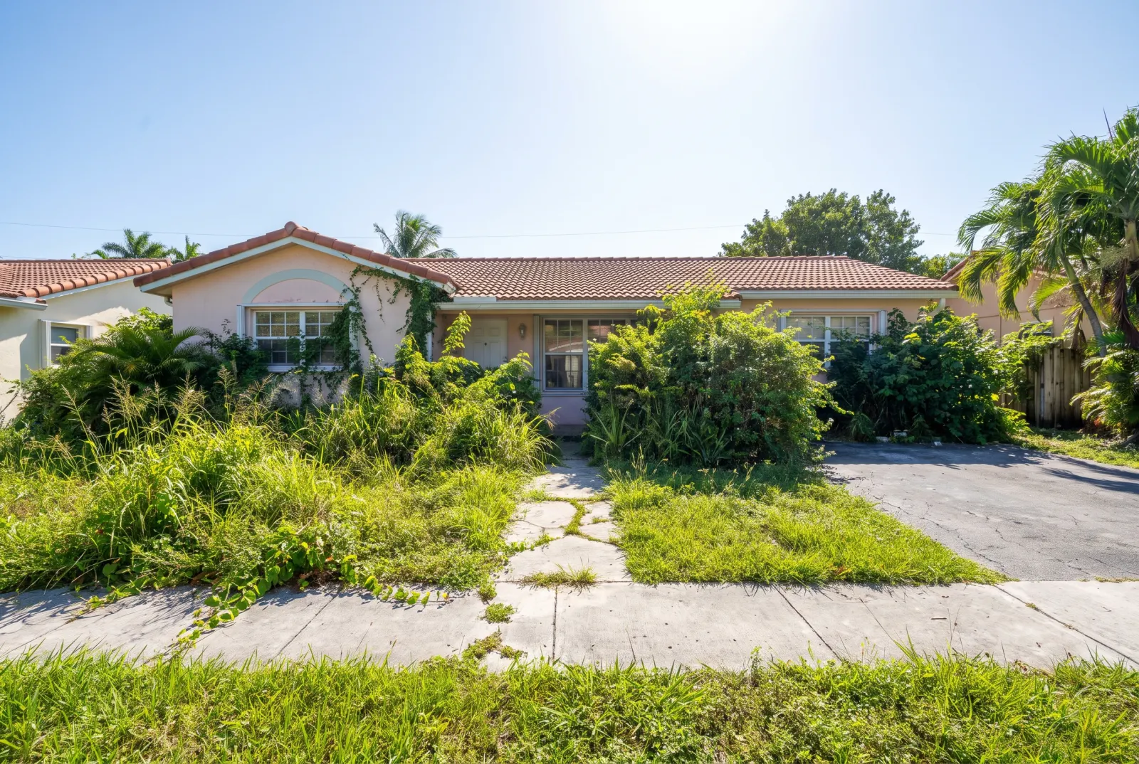 House with overgrown front beds
