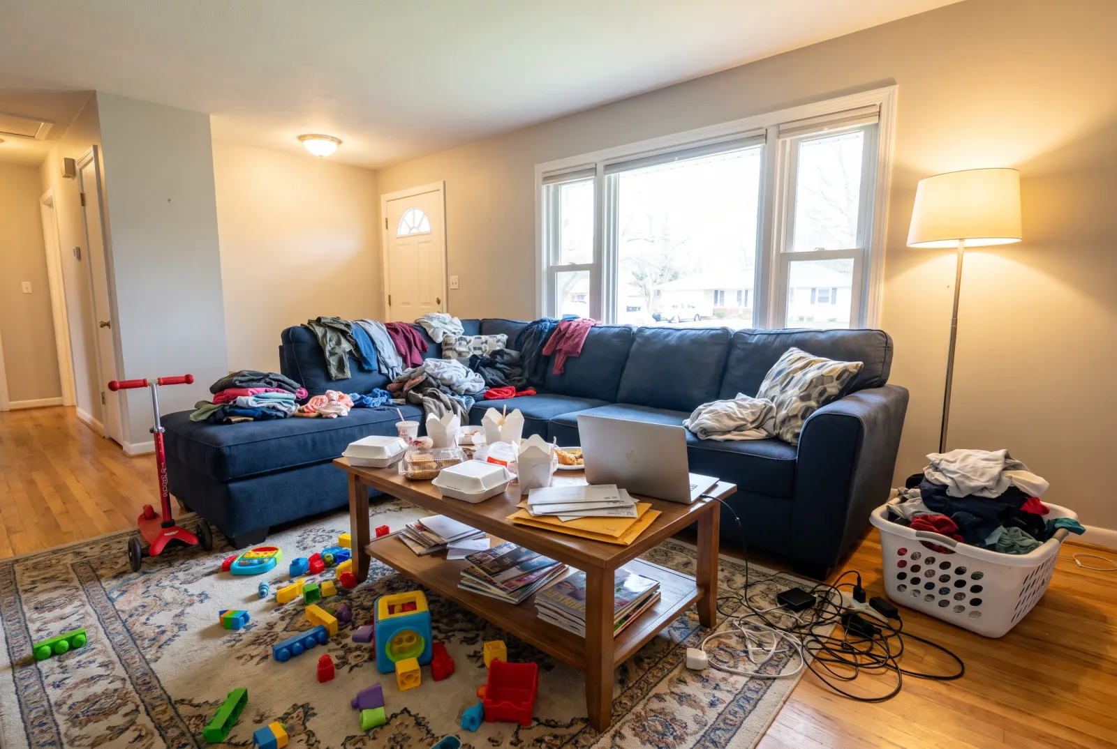 Messy apartment living room with clothes and toys