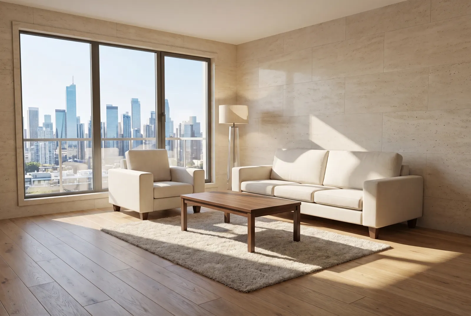 Photorealistic render of the living room model