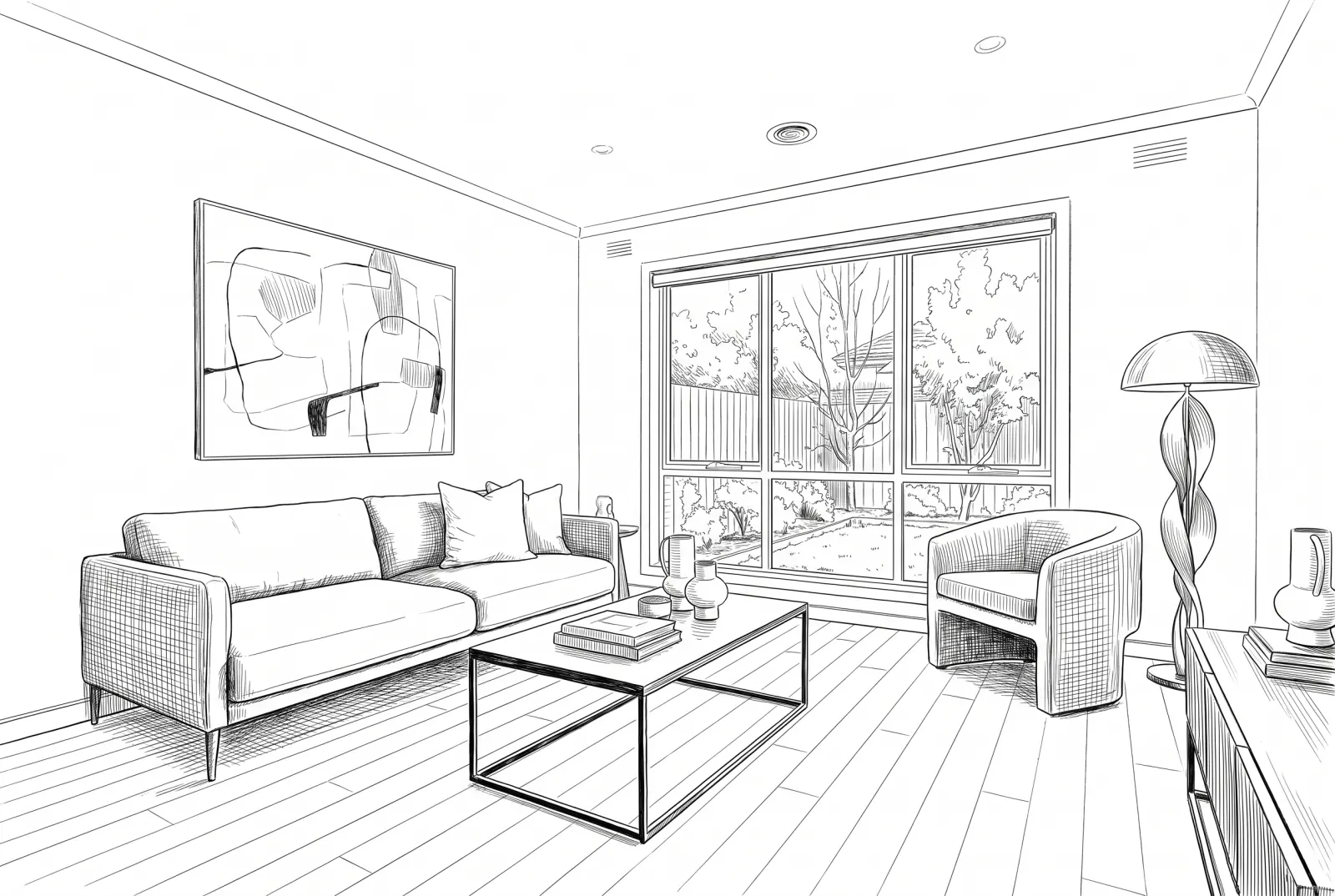 The same modern room as a line drawing