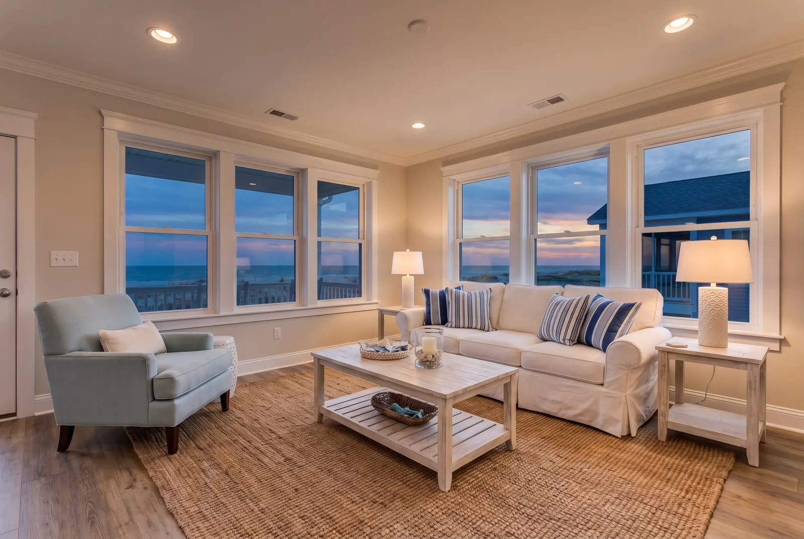 The same coastal room at evening with lamps on