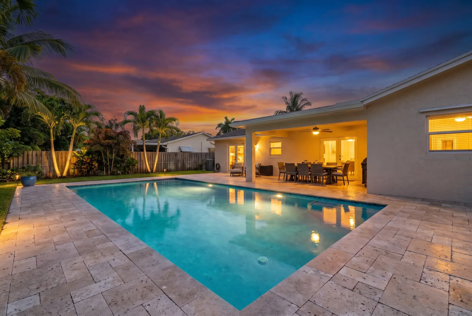 The same backyard pool at twilight
