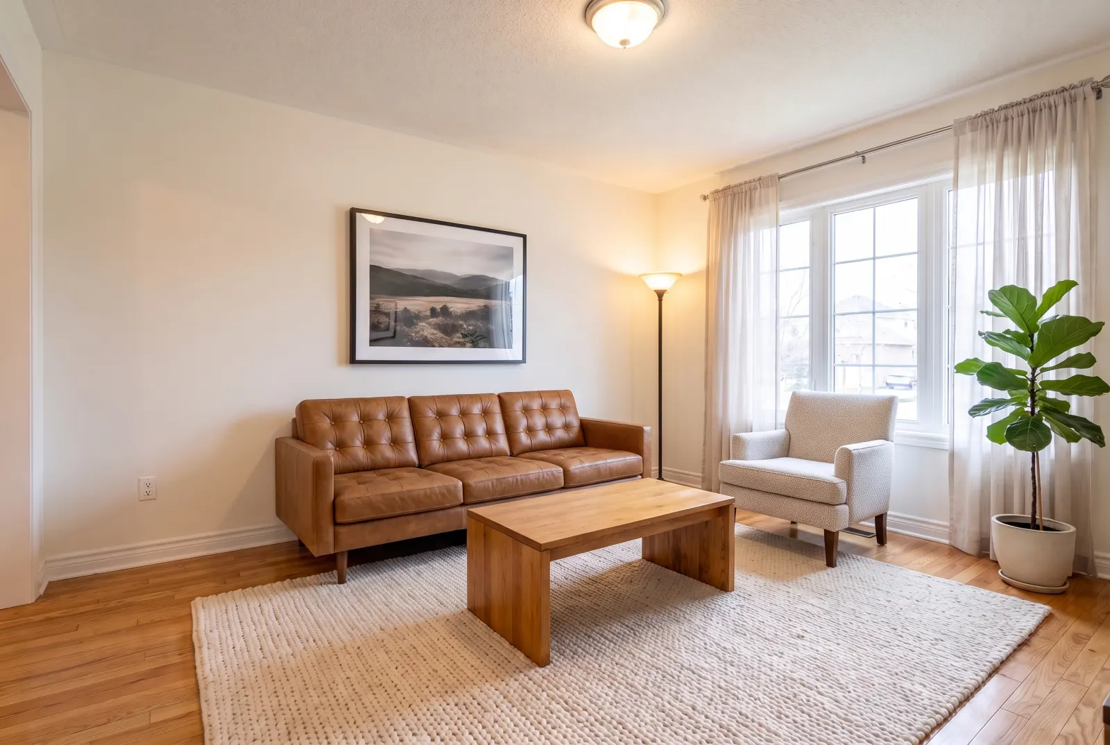 The same room with a tan leather sofa
