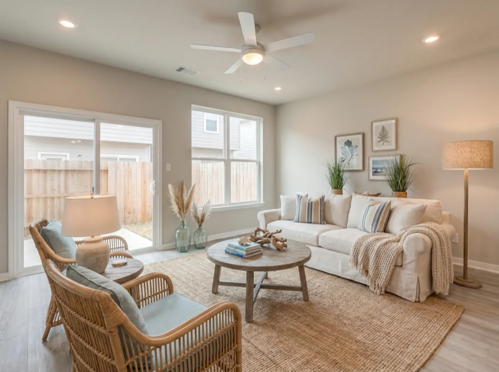 Staged coastal living room at 960 pixels wide