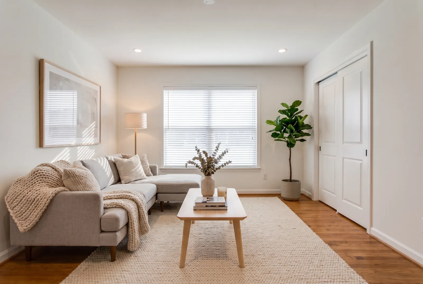 The same bedroom staged with a bed and nightstands